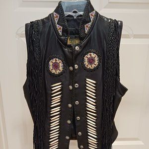 Vintage Diamond Leathers Western Twisted Fringe Beads & Bones Ladies Vest Size 8